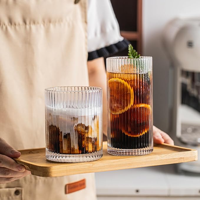 INSETLAN 12-Piece Ribbed Glassware - 6 Highball Glasses 12 oz, 6 Rocks Glass Cups 14 oz, Vintage Cocktail Drinking Glasses, Ideal for Wine, Juice, Water, Ice Coffee Cup, Whiskey, Mixed Drinkware