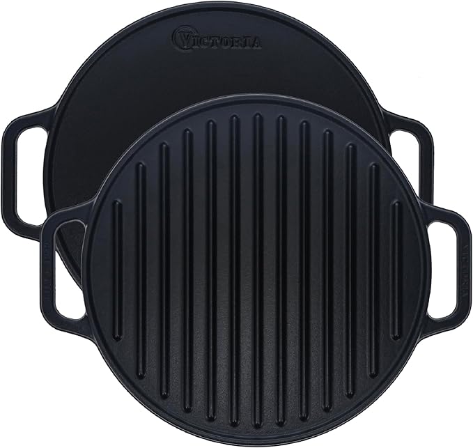 Victoria Round Cast Iron Grill. Double Burner Griddle, with Removable Coil Handles Seasoned with 100% KoBibir Certified Non-GMO Flaxseed Oil, 12.5 Inch, Black