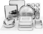 E-far 12-Piece Bakeware Sets, Stainless Steel Baking Pan Set Includes Cookie Sheet, Round Square Rectangle Cake Pans with Lids, Multi-Functional for Loaf Muffin Pizza, Non-toxic & Dishwasher Safe