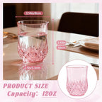 12 Pack Plastic Stemless Wine Glasses,12oz Unbreakable Vintage Elegant Drinking Glass Set,Reusable Fancy Cocktail Cups for Party, Wedding, and Bulk Events (12, 12oz-Pink)