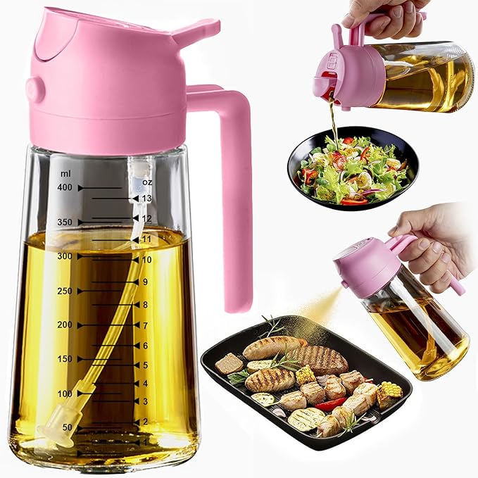 TrendPlain 16oz/470ml Glass Olive Oil Sprayer for Cooking - 2 in 1 Olive Oil Dispenser for Kitchen Gadgets, Air Fryer, Salad, and BBQ - Bubblegum
