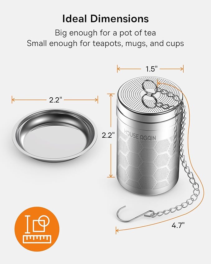 House Again 2 Pack Tea Infusers, Extra Fine Mesh Tea Strainers for Loose Tea, Updated Slim Threaded Lid & 304 Stainless Steel, Filter Bags Diffusers, Loose Leaf Tea Steeper for Brew Tea Spices