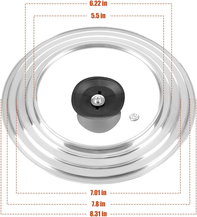 Universal Lids with Tempered Glass Top Fits 6, 7, 8 & 8.2, 9, 10, 11, 12, 12.5 Inch Cookware, Replacement Frying Pan Cover for Pots, Pans and Skillets, Cast Iron Lids for Space Saving