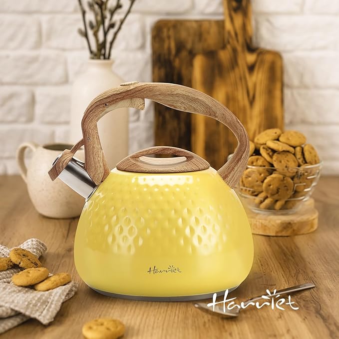 harriet Tea Kettle, Tea Pot for Stovetop, 2.5QT Whistling Kettle with 5-Layers bottom, Food Grade Stainless Steel Kettles with Hot-Resistant Handle Gas Electric Applicable, Yellow
