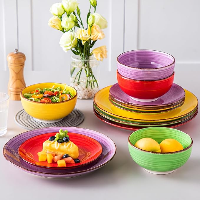 vancasso Bonita Dinnerware Set Muticolor Stoneware 12 Pieces Service for 4, Handpainted Spirals Pattern Stoneware Plates and Bowls Set