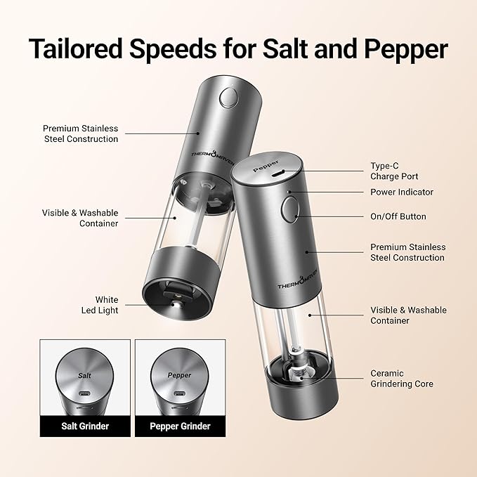 ThermoMaven Electric Salt and Pepper Grinder Set, 110ml Larger Rechargeable Automatic Salt and Pepper Mill Grinder with 6 Adjustable Coarseness, Electric Salt and Pepper Shakers, LED, Navy Blue
