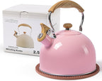 LONFFERY Tea Kettle, 2.5 Quart Whistling Tea Kettle, Tea Pots for Stove Top Food Grade Stainless Steel with Wood Pattern Folding Handle - Pink