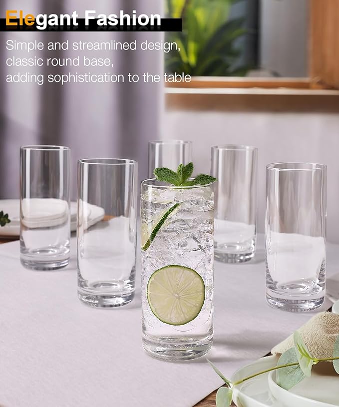 LUNA & MANTHA Highball Glasses Set of 6, 13 OZ Drinking Glasses, Lead-Free Crystal Water Glass, Tall Glass Cups for Cocktail, Tom Collins, Mojito, Mixed Drink, Kitchen and Bar Glassware