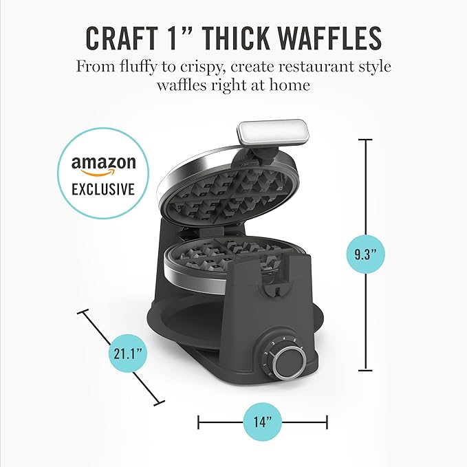 Martha Stewart Rotating Waffle Maker, 180° Flip Iron with PFAS-Free Nonstick Plates, Adjustable Timer, Ready Light, Drip Tray, Space Saving, Classic Round 7”, Easy to Clean, Stainless Steel, Caviar