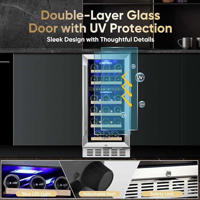 15 Inch Wine Cooler Under Counter, 30 Bottle Dual Zone Wine Fridge with Stainless Steel Glass Door, Built-In or Freestanding Wine Cellar with Digital Temperature Control for Home, Kitchen, or Office