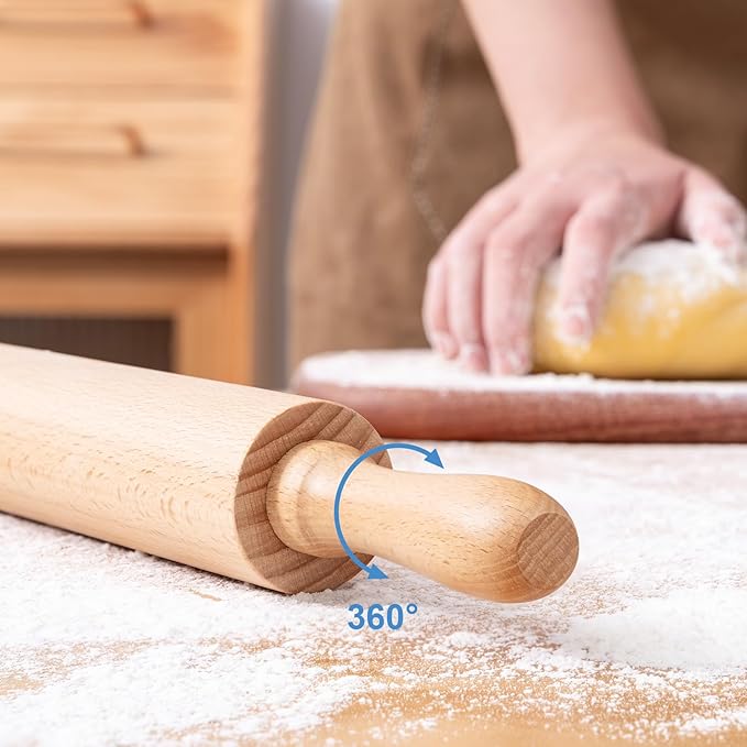 AISOSO Rolling Pins for Baking, 15.75 Inches Wooden Rolling Pin with Handles, Classic Nonstick Dough Roller for Fondant Pizza Pie Crust Cookie Pastry, Kitchen Baking Essentials, Light Yellow