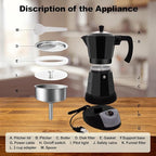 Electric Aluminum Moka Pot 5-6 Cup 270ml Espresso Maker with Detachable Base Ideal Coffee Makers for Home MochaPot Italian and Cuban Café Coffeemaker Espressomaker CoffeePot Black