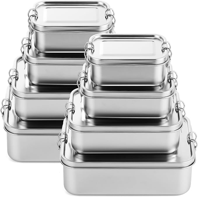 Umigy 8 Pcs Stainless Steel Food Containers 550/850/1400/2400 ml Metal Bento Lunch Box Stainless Steel Food Storage Containers, Lockable Clips to Leak Proof, Reusable Dishwasher Snack Boxes for Work