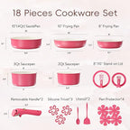 CAROTE 18Pcs Ceramic Cookware Set with Detachable Handle, Pots and Pans Set Non Stick, Non Toxic Kitchen Cooking Sets with Stand-Up Lid, PFAS and PFOA Free, Oven Safe, Induction Ready, Pink