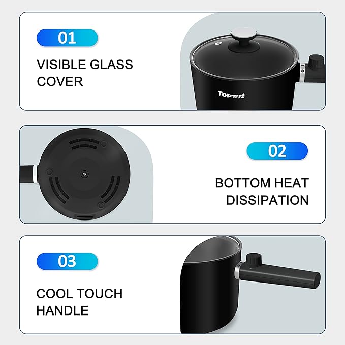 Topwit Hot Pot Electric, 1.5L Ramen Cooker, Portable Non-Stick Frying Pan, Electric Pot for Pasta, Steak, BPA Free, Electric Cooker with Dual Power Control, Over-Heating & Boil Dry Protection, Black
