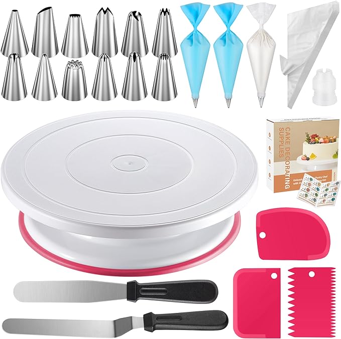 Kootek 71PCs Cake Decorating Kit, Baking Supplies Tools - Includes Cake Stand Turntable, 12 Icing Piping Tips Set, 2 Frosting Spatulas, 3 Scrapers, 50+2 Piping Bags, Coupler, Video Tutorial, Booklet