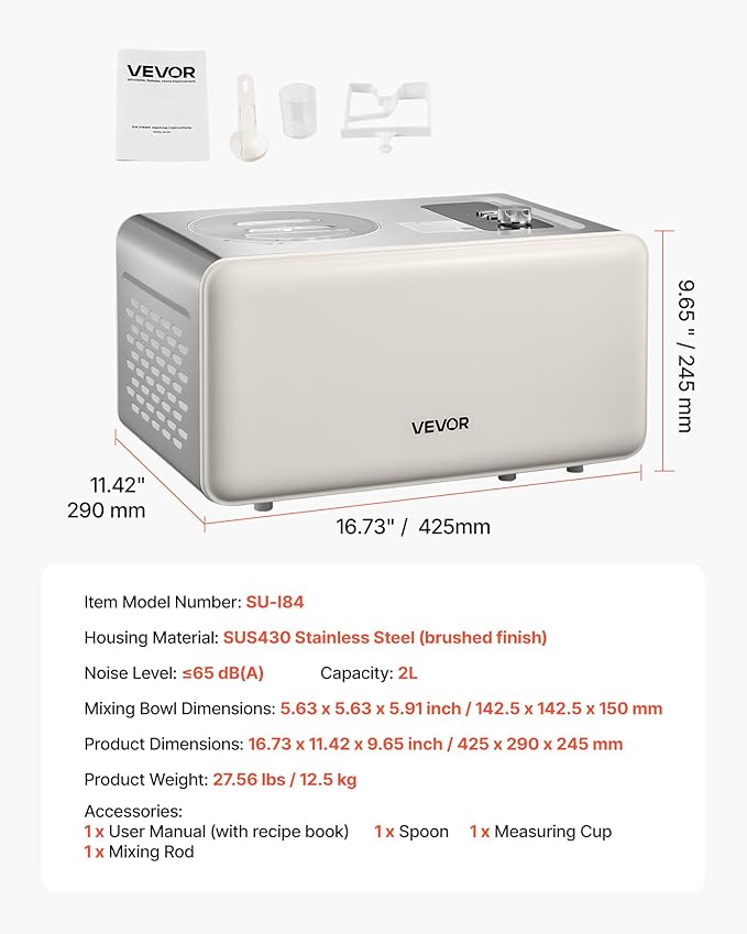 VEVOR Automatic Ice Cream Maker with Built-in Compressor, 2 Quart No Pre-freezing Gelato Maker, Electric Sorbet-Maker, 3 Modes Compressor Ice Cream Machine for Home Kitchen