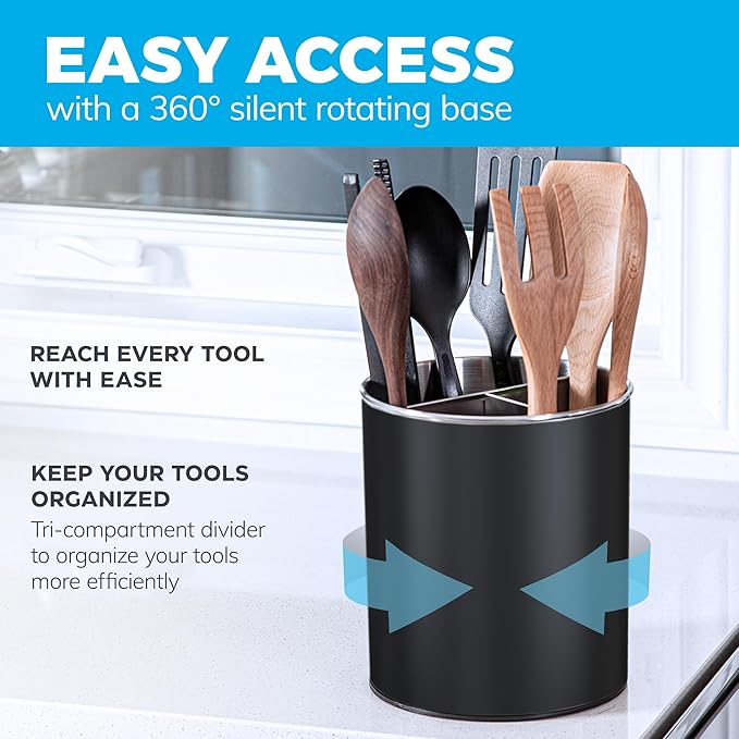 Cooler Kitchen Black Rotating Extra Large Stainless Steel Utensil Holder Caddy with Sturdy No-Tip Weighted Base, Removable Divider, and Gripped Insert - Dishwasher Safe Metal Cooking Utensil Holder