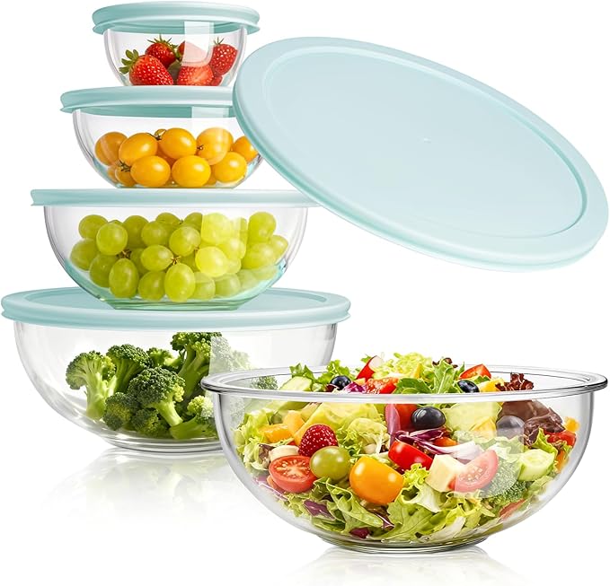 WhiteRhino Glass Mixing Bowl with Lids Set of 5, 0.2, 0.5, 1.1, 2.1, 3.75 QT, Large Salad Bowls with BPA-Free Lids, Space-Saving Nesting Bowls for Kitchen Food Storage, Glass bowl for Cooking, Baking