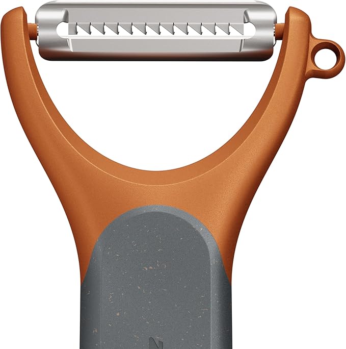 Zyliss Julienne Y Peeler – Ultra-Sharp Stainless Steel Blade for Carrots, Zucchini & Potatoes – Ergonomic Wheatstraw Grip – Built-in Eye Cutter & Safety Cover – Dishwasher Safe – Orange
