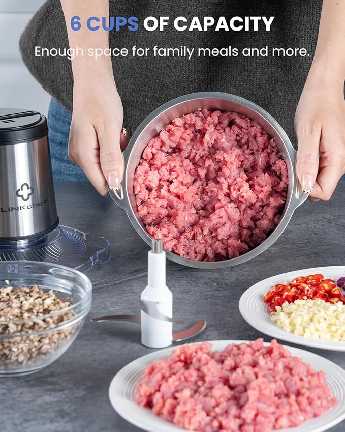 LINKChef Food Processor Small, 6 Cup Food Chopper with Container, 1.5L 250W Electric Meat Grinder for Home Use, Stainless Steel Mini Food Processor for Kitchen, Vegetable, Onion, Garlic, Salad
