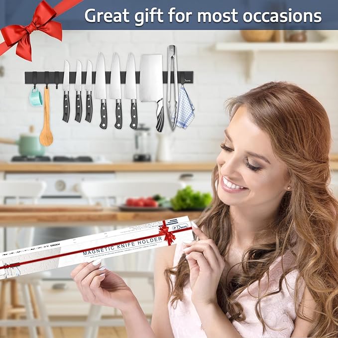 Dmore magnetic knife holder for wall—with 4 hooks, No Drilling 23 Inch black knife magnetic strip, Powerful knife magnet rack, include Adhesive Tape and screws for Knives, Utensils, and Tools