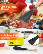 Cooking Spoon for Nonstick Cookwares, Great for Cooking and Serving Sturdy BPA-Free Matte Silicone, Wood Handle Spoon for Mixing, Scoop, and Scrape (Black & Grey, 11.4 inch)