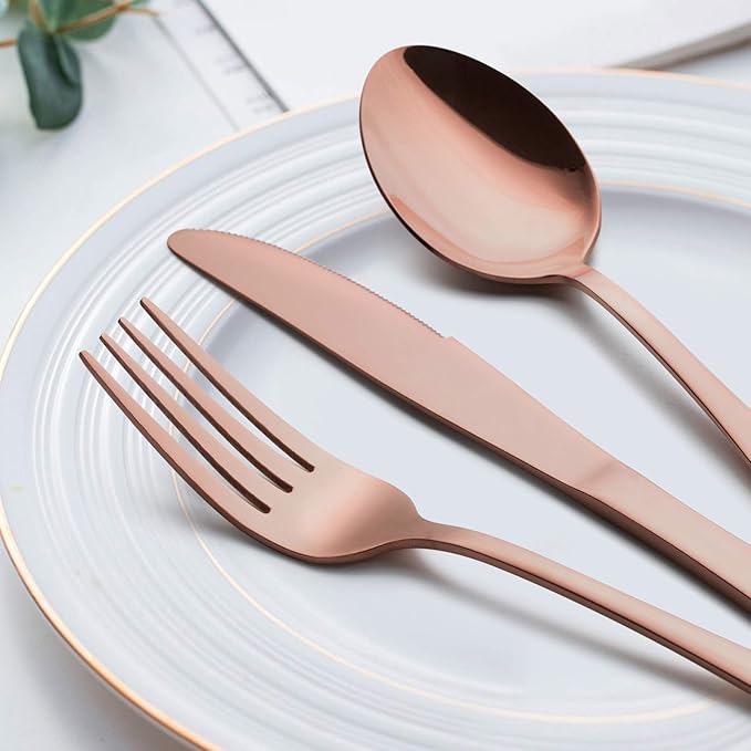 LIANYU Copper Silverware Flatware Set, 20 Piece Stainless Steel Cutlery Set for 4, Mirror Finish, Ideal for Home Hotel Wedding Festival Party, Dishwasher Safe