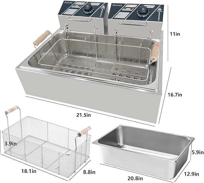 Commercial Deep Fryer with Basket for Restaurant or Home Use, 3400W 12.7QT Detachable Large Capacity Stainless Steel Countertop Electric Oil Fryer with Temperature Control