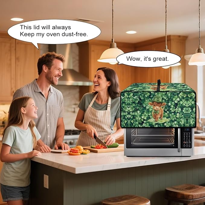 Highland Cow Four Leaf Clover Print Toaster Oven Cover Microwave Cover for Kitchen Countertop Appliance Dust Protector Decorative Oven Accessories for St. Patrick's Day Decor, Green, M