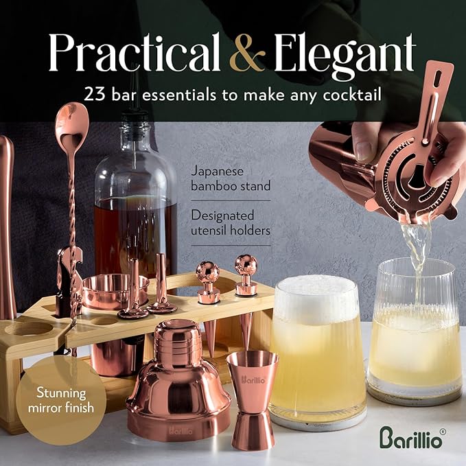 Barillio Rose Gold Bartender Kit - Stainless-Steel Cocktail Shaker Set w/Bamboo Stand - Mixology Bar Tools w/Drink Shaker, Mixer and Muddler for Cocktails - Home Bar Accessories - 23-Pc Bar Set