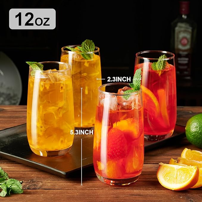 PARACITY Highball Glasses Set of 4, Drinking Glasses 12 Oz, Clear Glass Cups, Tall Tumbler Water Glasses, Glassware Set for Cocktail, Coffee, Mojitos
