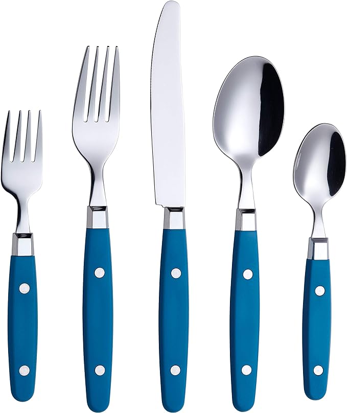ANNOVA Silverware Set, Retro/Rivet Colorful Stainless Steel Tableware Kitchen Flatware Set Utensils, Includes Dinner Knives, Forks, Spoons, Salad Forks & Dessert Spoons (Blue, 20 Pieces)