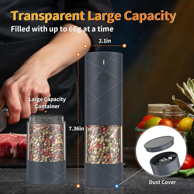 2Pack Electric Salt and Pepper Grinder Set USB Rechargeable with Warm LED Light, Adjustable Coarseness Lidaop Large Capacity Automatic Salt Pepper Mill Grinder for Kitchen, Restaurant, Outdoor (Grey)