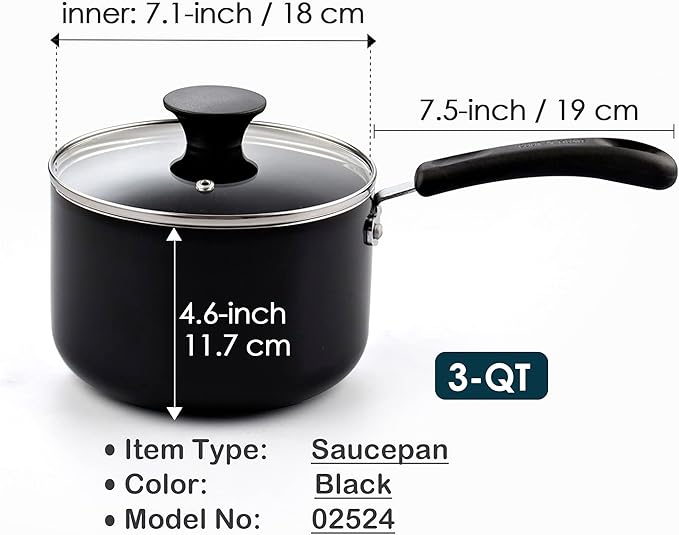 Cook N Home Nonstick Sauce Pan with Glass Lid 3-Qt, Multi-purpose Pot Saucepan Kitchenware, Black, Aluminum
