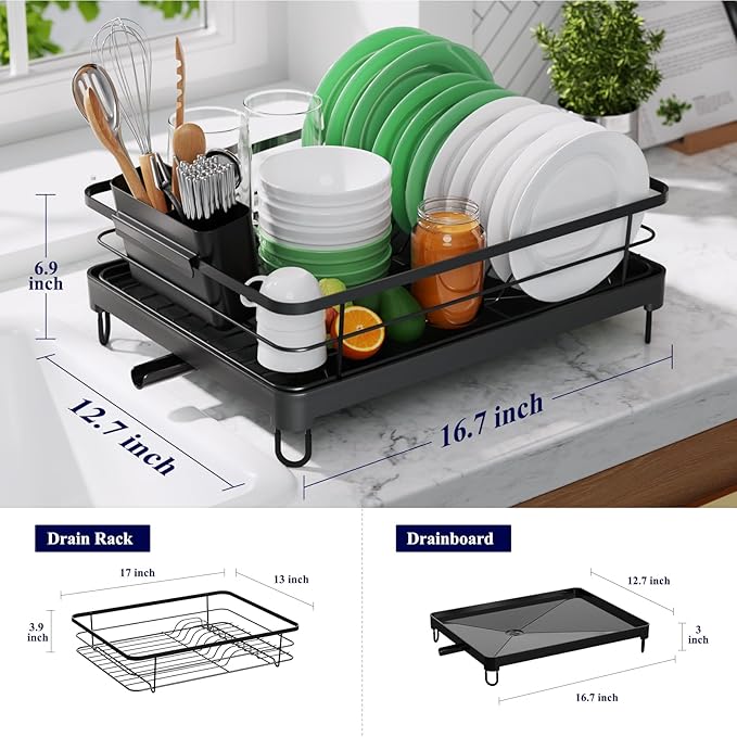 Kitsure Dish Drying Rack for Kitchen Counter, Stainless Steel Sink Organization and Storage Essentials with Cutlery Holder, Home and Appartment Decor, 12.7''W x 16.7''L, Black