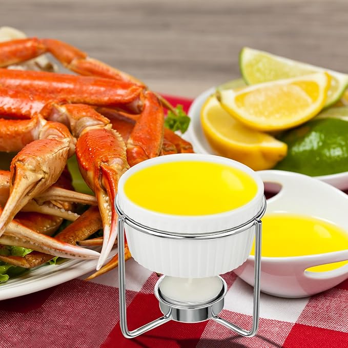 60 Pcs Ceramic Butter Warmers Set, Include 12 Butter Warmers for Seafood Melter with Stands, 48 Tea Light Candles Food Warmer Candle for Fondue Chocolate Dishwasher Microwave Oven Safe