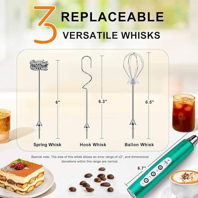 YUSWKO Turquoise Handheld Milk Frother Wand for Coffee, Rechargeable Electric Whisk with 3 Heads 3 Speeds Drink Mixer Coffee Frother For Latte, Cappuccino, Hot Chocolate, Egg
