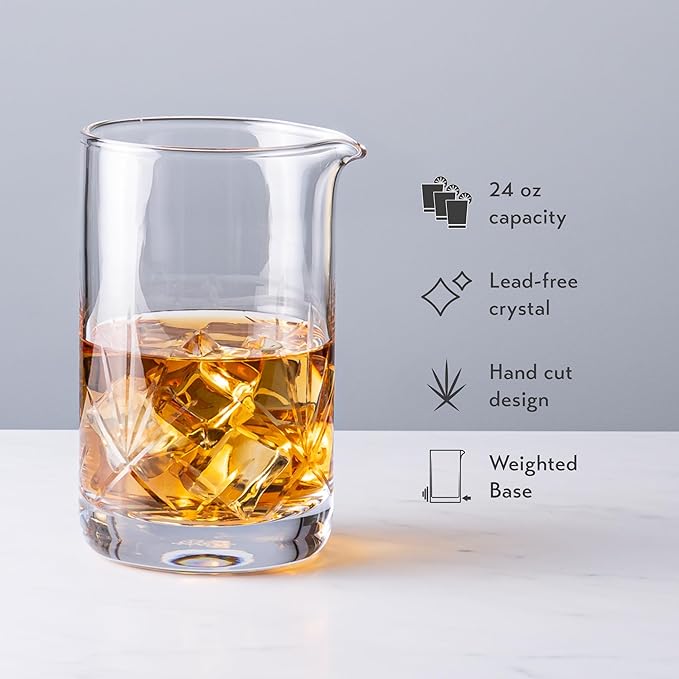 Cork & Mill Cocktail Mixing Glass, Old Fashioned Kit, Large 24 oz Crystal Cocktail Mixer for Bartenders, 9-Piece Home Bar Accessories Set for Manhattans and Other Whiskey Drinks