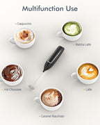 Milk Frother Handheld Battery, Electric Foam Maker Frother Wand, Drink Mixer with Stainless Steel Whisk for Coffee, Matcha, Lattes, Cappuccino Black