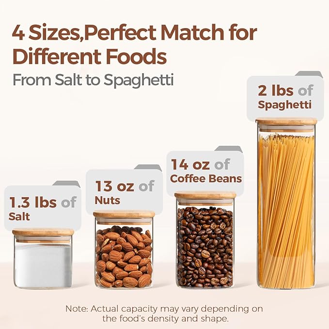 ComSaf Food Storage Containers with Airtight Lids Set of 6, Clear Glass Canister Food Jar with Sealing Lid Kitchen Pantry Storage Container for Spaghetti Pasta Sugar Flour Oat Cereal Beans, Square