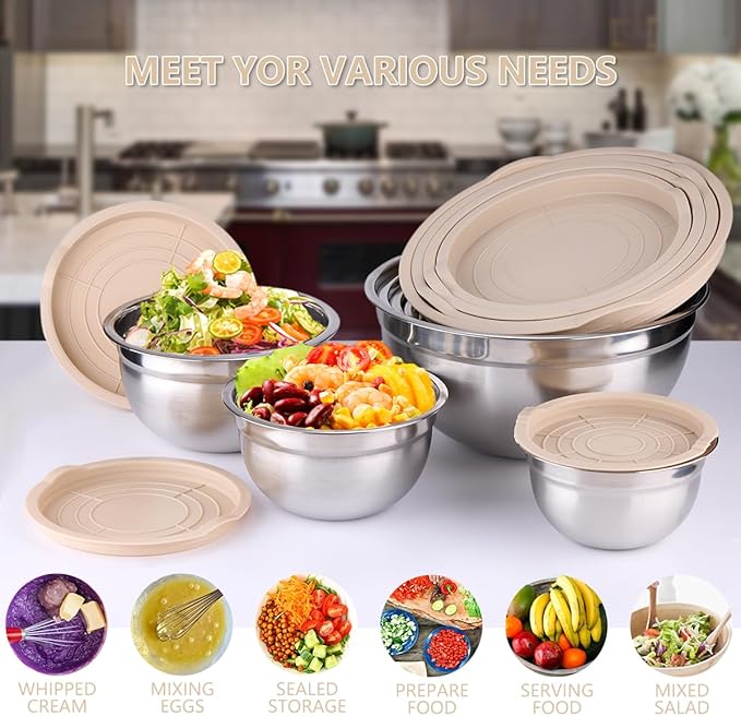 Mixing Bowls with Lids set - 25 PCS Stainless Steel Nesting Khaki Mixing Bowls Set for Baking,Mixing,Serving & Prepping,Size 5, 3.7, 2.8, 2.3, 1.7, 1.1, 0.7QT, 11 Cooking Utensils