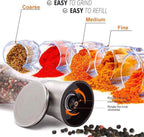 Elegant Pepper and Salt Grinder Set of 2, Best Spice Mill with Brushed Stainless Steel Cap, Ceramic Blades, Adjustable Coarseness, and Refillable Tall Glass Body with 6OZ Capacity (7.5").