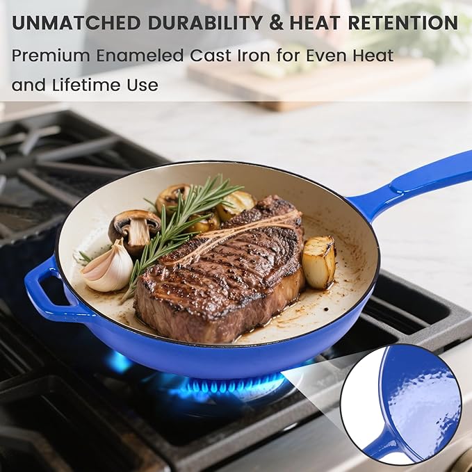 Hisencn Enameled Cast Iron Skillet - Ceramic Coated 8''/9.5''/11'' Fry Pan Set, Gas/Induction/Electric/Oven Compatible, 3 Size Frying Pans, PTFE & PFOA Free, Cast Iron Ceramic Cookware, Cobalt Blue
