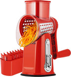 SUSTEAS Rotary Cheese Grater with Handle - Vegetable Shredder with 5 Well-designed Blades & Strong Suction Base,Round Mandoline Slicer & Food Chopper for Kitchen,with Blade Storage Box(Red)
