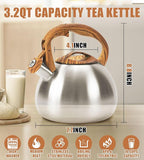 Classic Stainless Steel Whistling Kettle 3.2 Quart - Brushed Metal Finish with Wooden Handle, Stovetop Water Boiler for Home & Kitchen, Loud Alert Whistle & Drip-Free Spout (Silver)