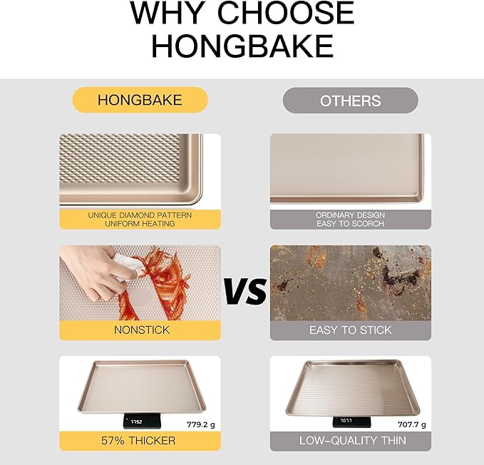 Half Cookie Sheet Pan for Baking - HONGBAKE Nonstick Baking Sheet with Diamond Texture Surface, 57% Thicker Carbon Steel Commercial Cookie Trays for Oven