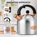 SUSTEAS Tea Kettle - 3.17QT Whistling Kettle with Ergonomic Handle - Premium Stainless Steel Tea Pots for Stove Top, Chic Vintage Teapot with Composite Base, Work for All Stovetops (Silver)