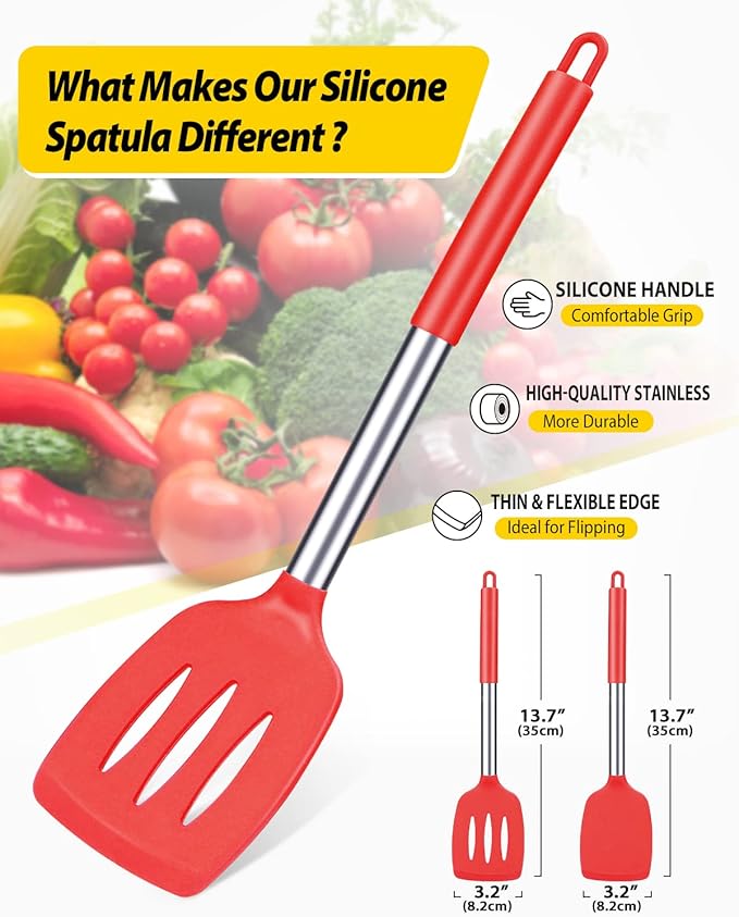 Pack of 2 Silicone Solid Turner, Non Stick Slotted Kitchen Spatulas, High Heat Resistant BPA Free Cooking Utensils, Ideal Cookware for Fish, Eggs, Pancakes(Red)