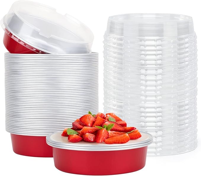 Beasea Disposable Mini Pie Tins with Lids, 50 Pack 4” 8oz Bright Red Aluminum Baking Foil Tins Small Round Tart Container for Individual Dessert Cupcake Muffin Cheesecake Ramekin Quiche Oven Dishes